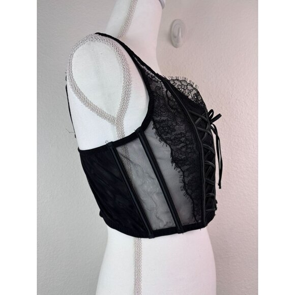 Victoria's Secret women's XL black lace corset crop top boned faux lace up front - Picture 4 of 9